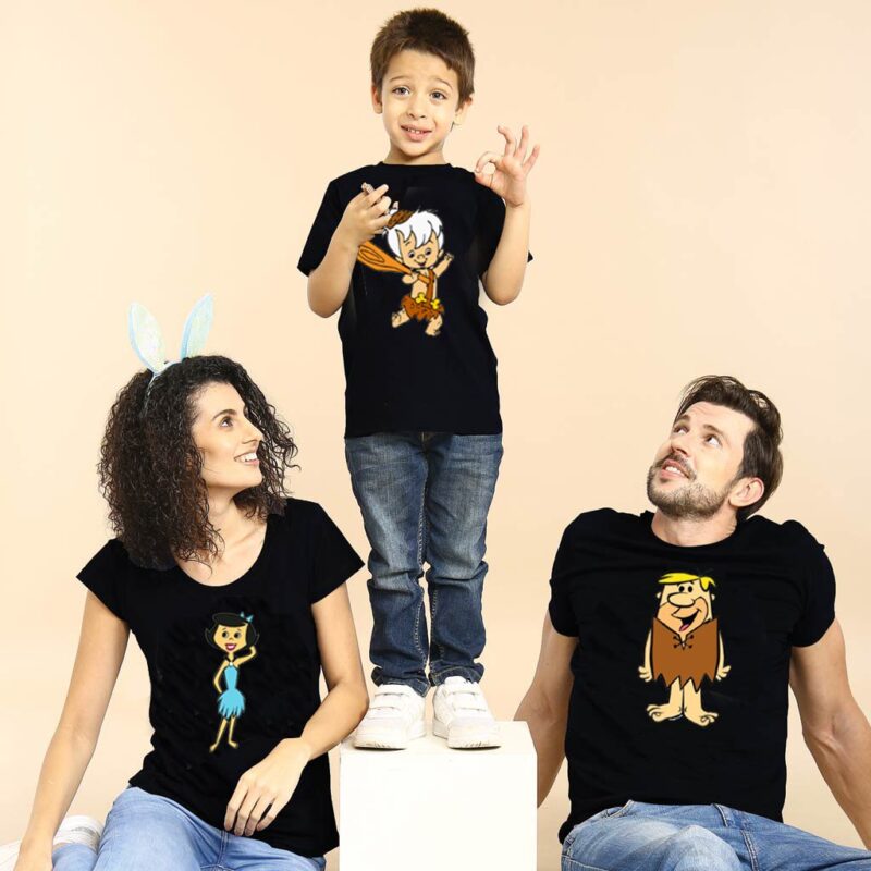 Aile Boyu Baskılı Tshirt Anne Baba Çocuk 3lü Siyah Tişört Kombin Moloztaşlar