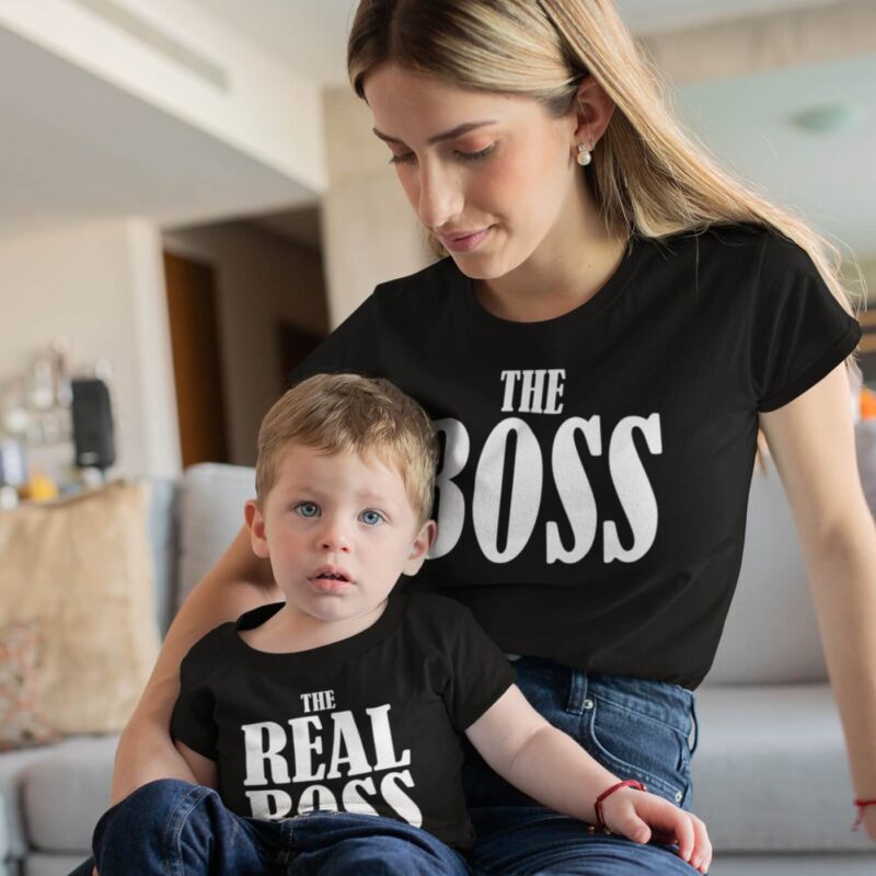 Anne Oğul Tişört Kombini The Boss The Real Boss Baskılı Pamuklu Siyah T-shirt Kombini