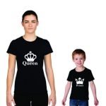 Anne Oğul Tişört Kombini Queen Prince Baskılı Pamuklu Siyah T-shirt Kombini