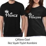 Çiftlere Özel Prince Princess Baskılı Siyah Sevgili Tişört Takımı