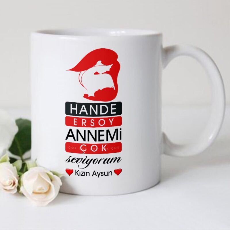 Kişiye Özel Annemi Çok Seviyorum Tasarımlı Beyaz Kupa Bardak - 1