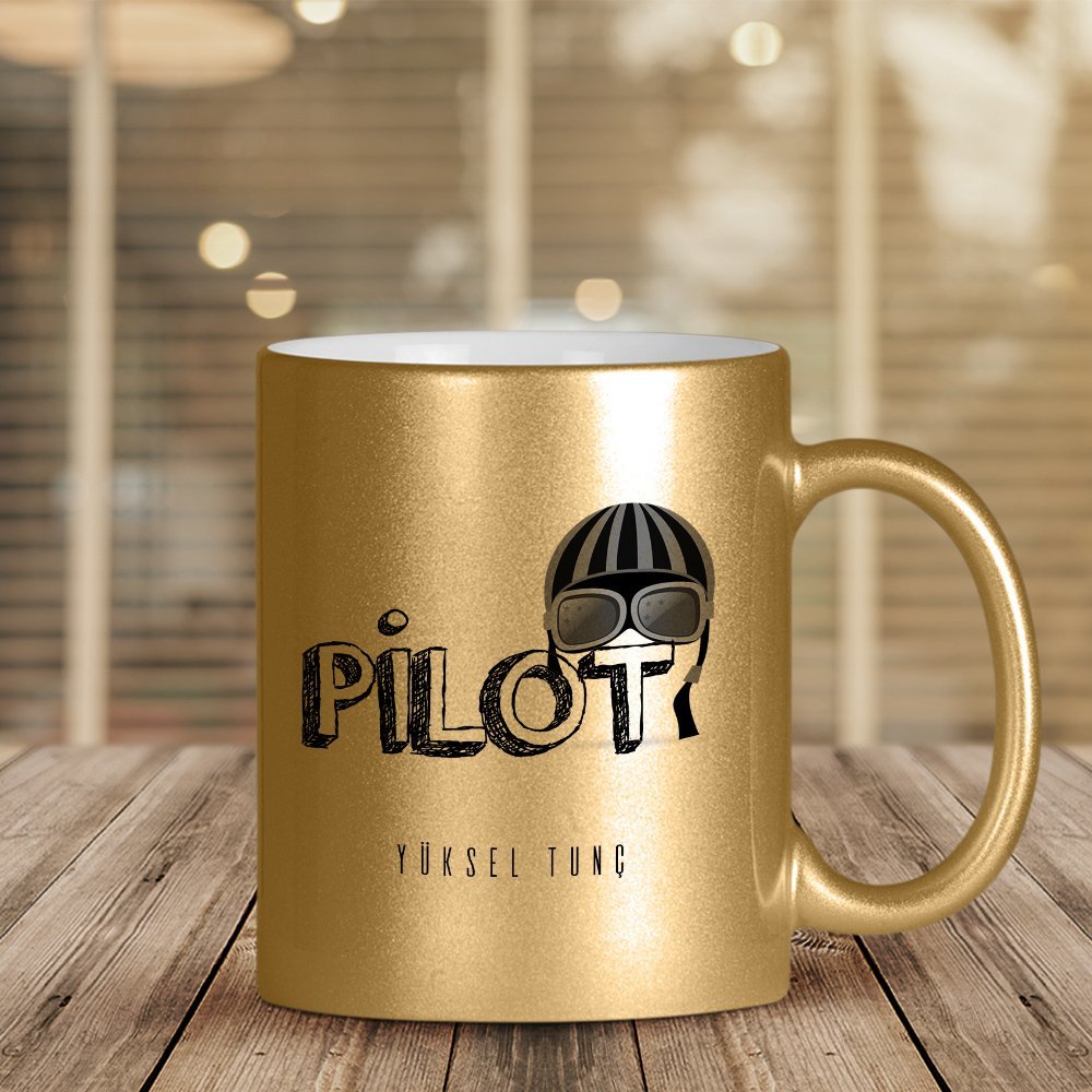 Kişiye Özel Mesleki Pilot Altın Yaldızlı Kupa Bardak
