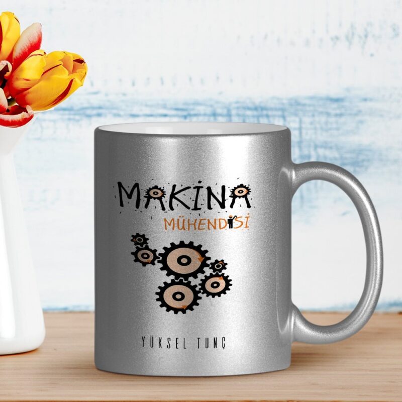 Kişiye Özel Mesleki Makina Mühendisi Gümüş Yaldızlı Kupa Bardak - 1