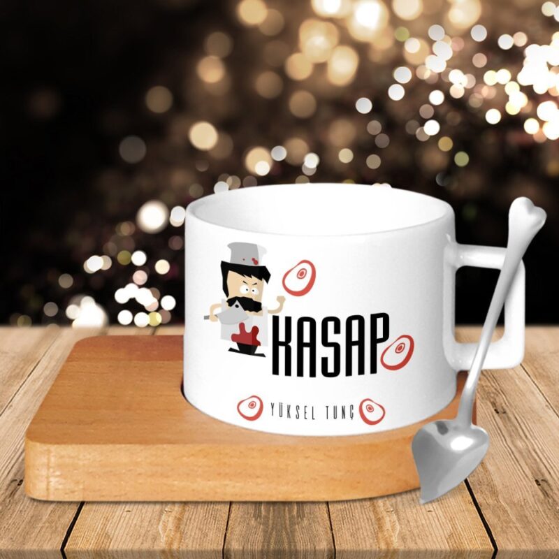 Kişiye Özel Mesleki Kasap Ahşap Altlıklı Seramik Fincan