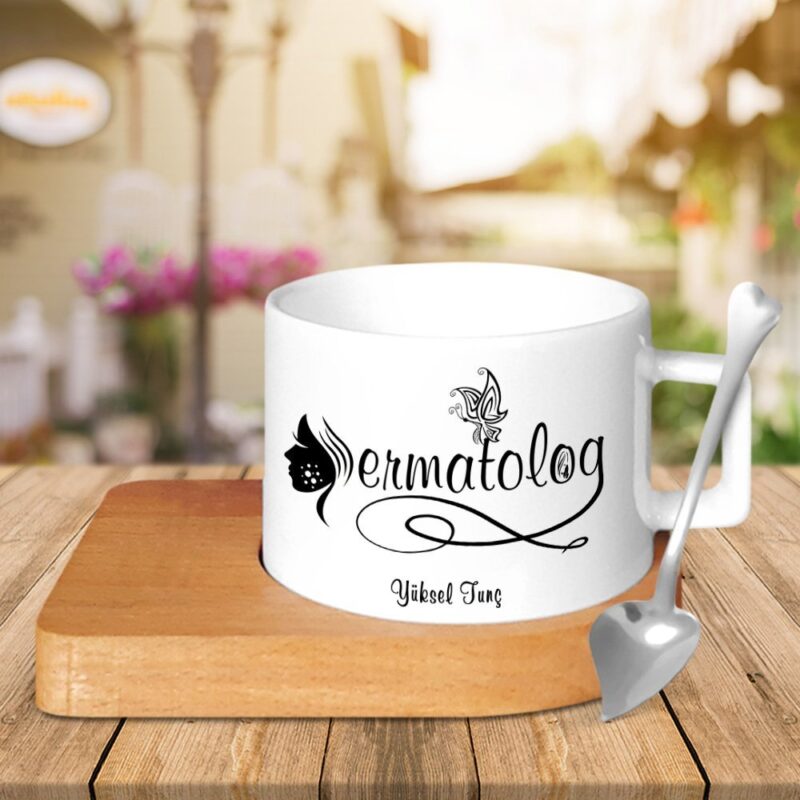 Kişiye Özel Mesleki Dermatolog Ahşap Altlıklı Seramik Fincan