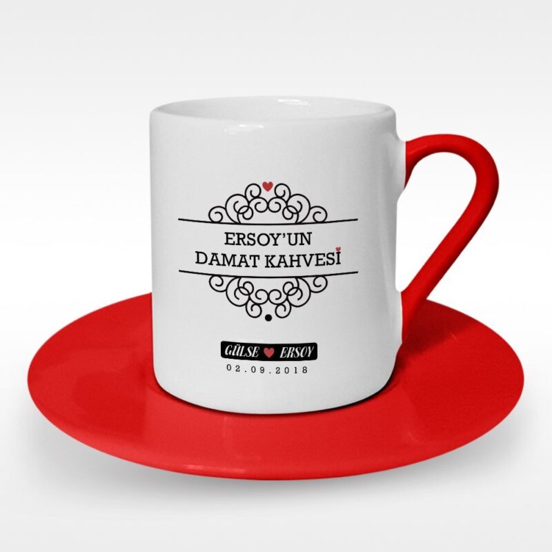 Kişiye Özel Damat Kahvesi Tasarımlı Kırmızı Türk Kahvesi Fincanı - 6