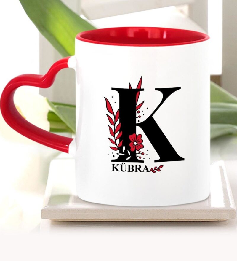 Kişiye Özel K Harfi Kırmızı Kalpli Kupa Bardak (Model 1)