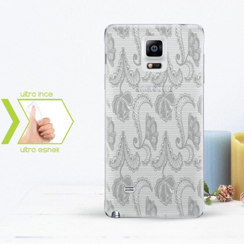 Kişiye Özel Samsung Galaxy Note 4 İnce Şeffaf Silikon Telefon Kapağı (Dantel Temalı-8)
