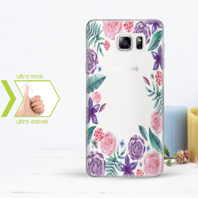 Kişiye Özel Samsung Galaxy Note 5 İnce Şeffaf Silikon Telefon Kapağı (Çiçek Temalı-12)