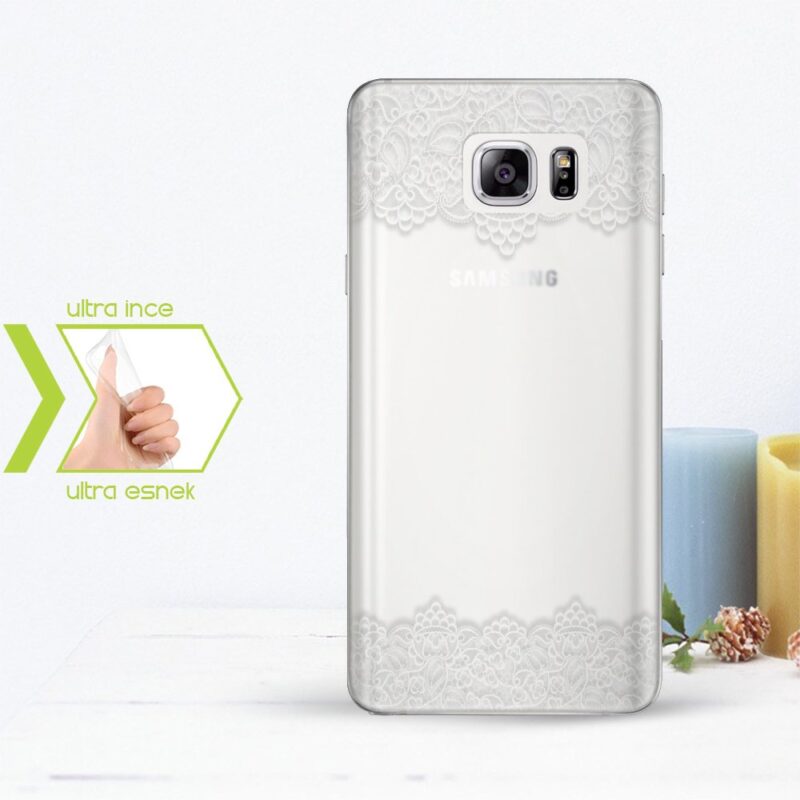 Kişiye Özel Samsung Galaxy Note 5 İnce Şeffaf Silikon Telefon Kapağı (Dantel Temalı-11)