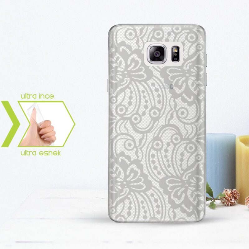 Kişiye Özel Samsung Galaxy Note 5 İnce Şeffaf Silikon Telefon Kapağı (Dantel Temalı-3)