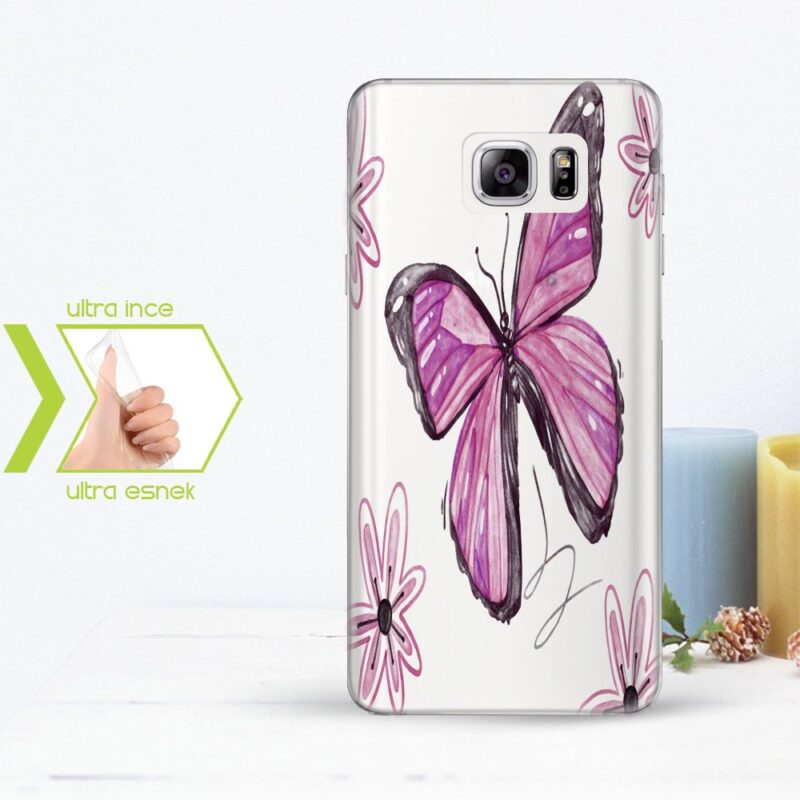 Kişiye Özel Samsung Galaxy Note 5 İnce Şeffaf Silikon Telefon Kapağı (Kelebek Temalı)