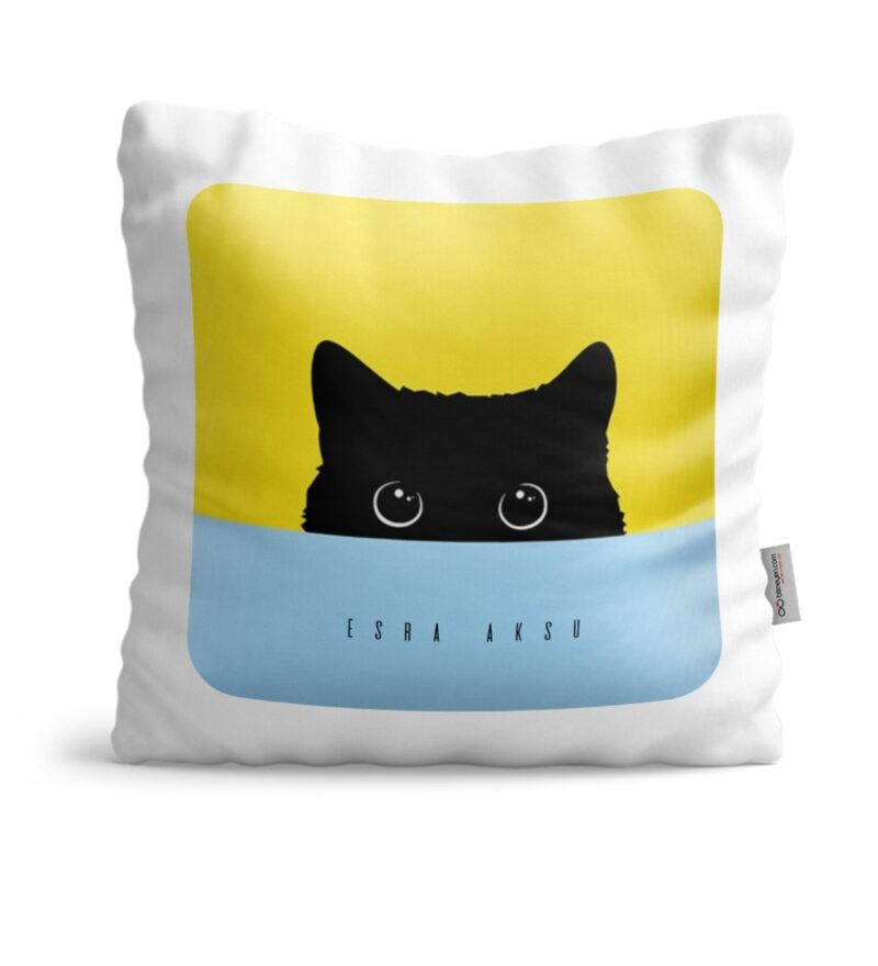 Kişiye Özel Black Kitty Tasarımlı Beyaz Saten Yastık - 1