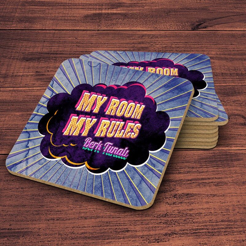 Kişiye Özel Retro My Room My Rules Tasarımlı Ahşap Bardak Altlığı - 1 (4 Adet)