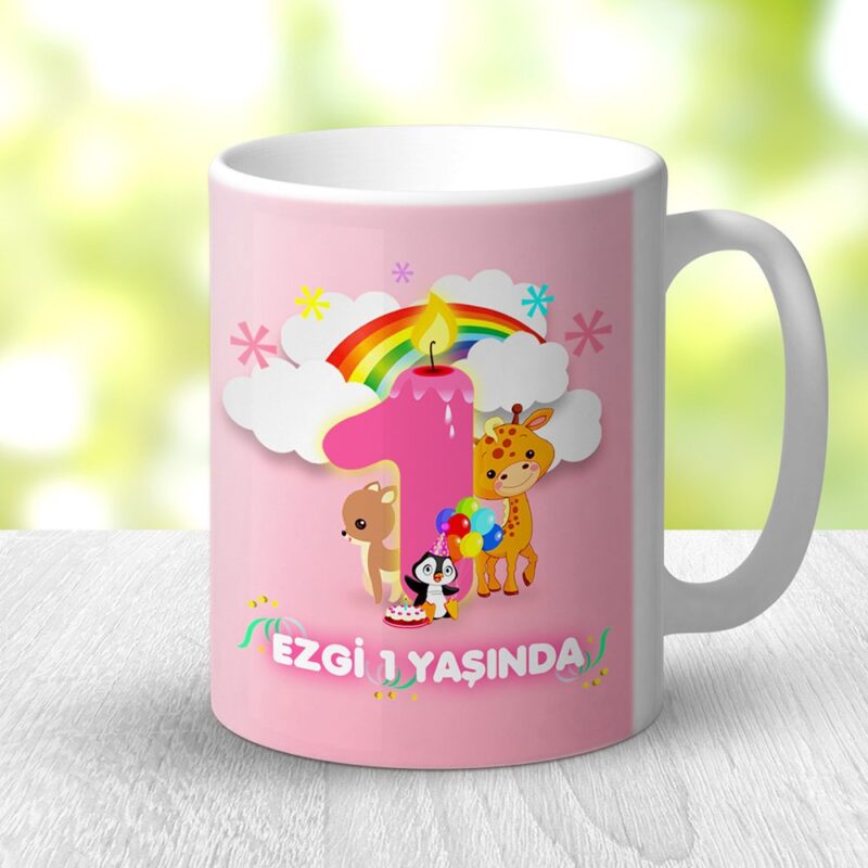 Kişiye Özel Kız Bebek 1. Yaş Tasarımlı Beyaz Kupa Bardak - 1