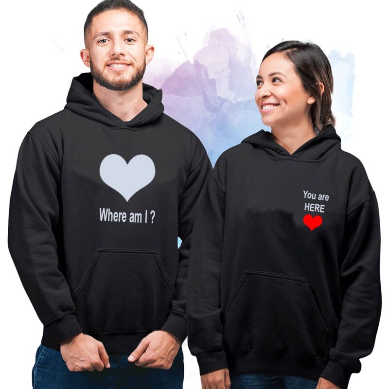 Sevgili Hoodieleri Bay Bayan Çift Kombini Nerdeyim Burdasın Kalp Baskılı Kapüşonlu Sweatshirt 2 Adet