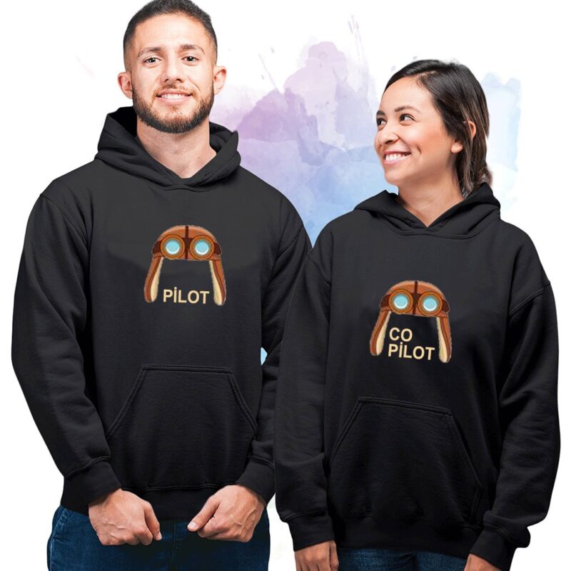 Sevgili Hoodieleri Bay Bayan Çift Kombini Pilot Copilot Baskılı Kapüşonlu Sweatshirt 2 Adet