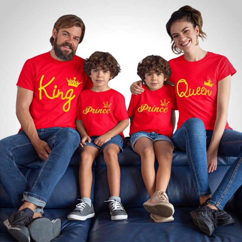 Kırmızı Aile Kombini 4lü Tişört Seti King Queen Prince Baskılı %100 Pamuklu Tshirtler
