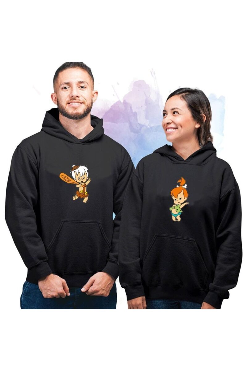 Sevgili Hoodieleri Bay Çift Kombini Çakıl Bambam Baskılı 2 Iplik Kapüşonlu Sweatshirt 2 Adet