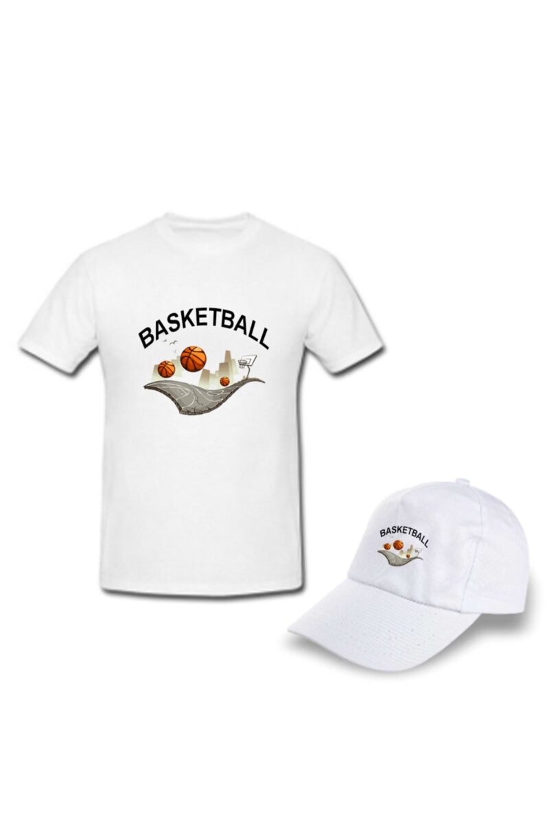 Basketbol Baskılı %100 Pamuk Beyaz Tişört ve Şapka Kombini Kaliteli Yazılık Tshirt Spor Giyim