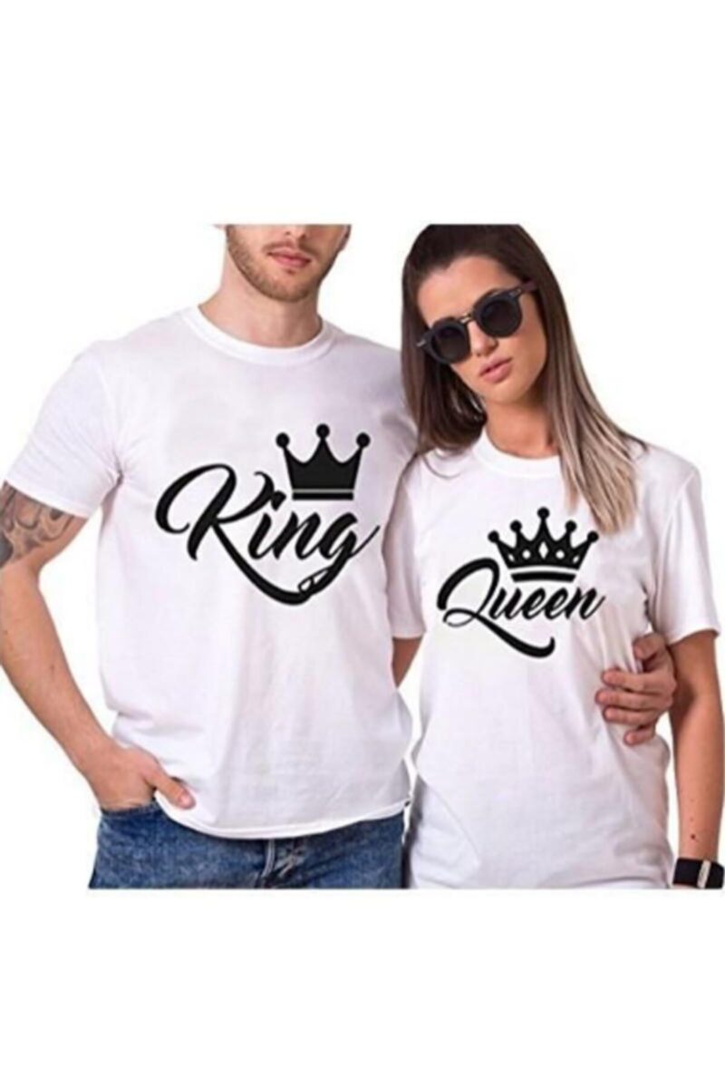 Sevgili Tişörtleri Bay Bayan Çift Kombin Beyaz King Queen Tasarım Tshirt 2 Adet