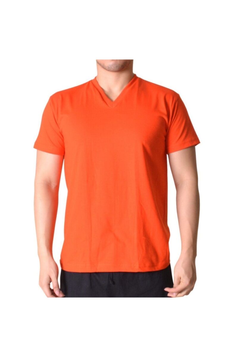 V Yaka Erkek Tişörtü Pamuklu Turuncu Tshirt