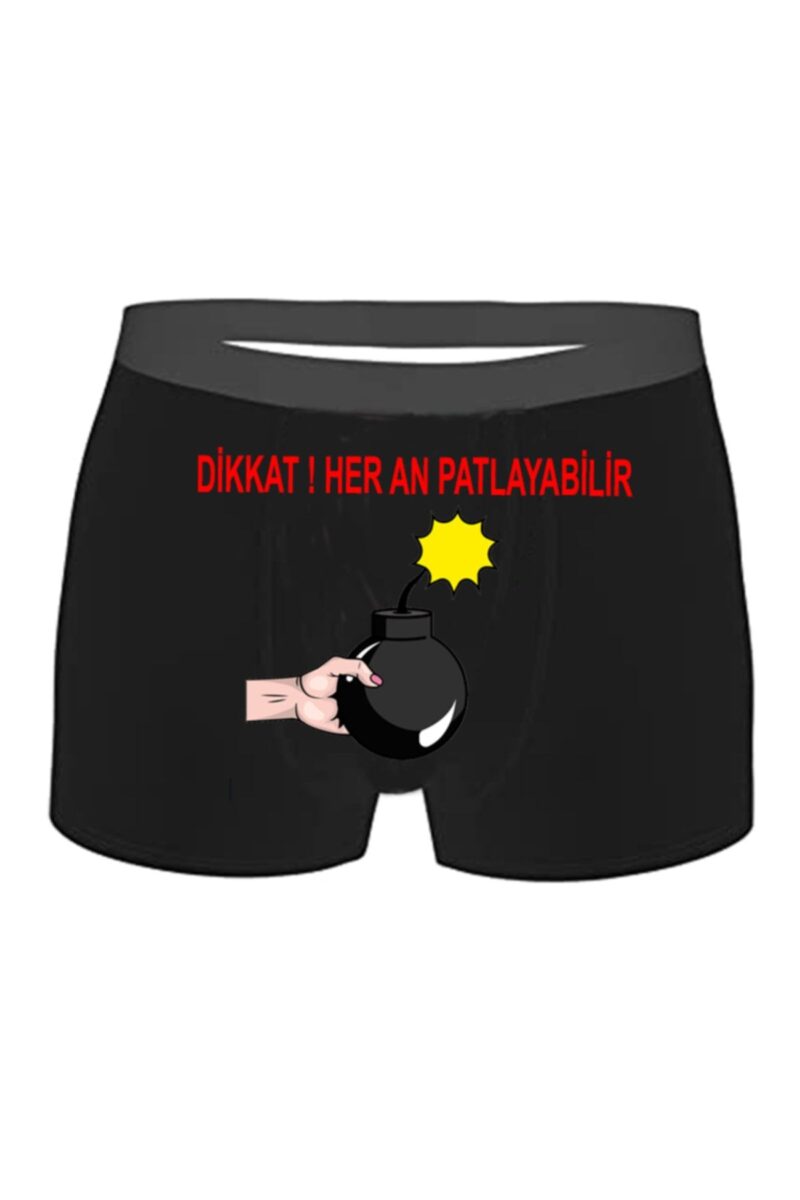 Dikkat Bomba Her An Patlayabilir Baskılı Siyah Erkek Boxer Pamuklu Yerli Üretim
