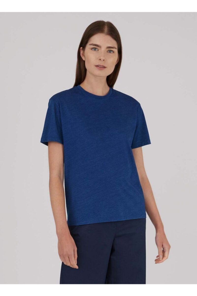Kadın Bisiklet Yaka Indigo Tişört Pamuklu Tshirt