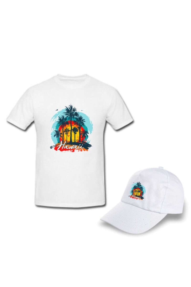 Hawaii Baskılı %100 Pamuk Tişört ve Şapka Kombini Kaliteli Torpikal Yazılık Tshirt Spor Giyim
