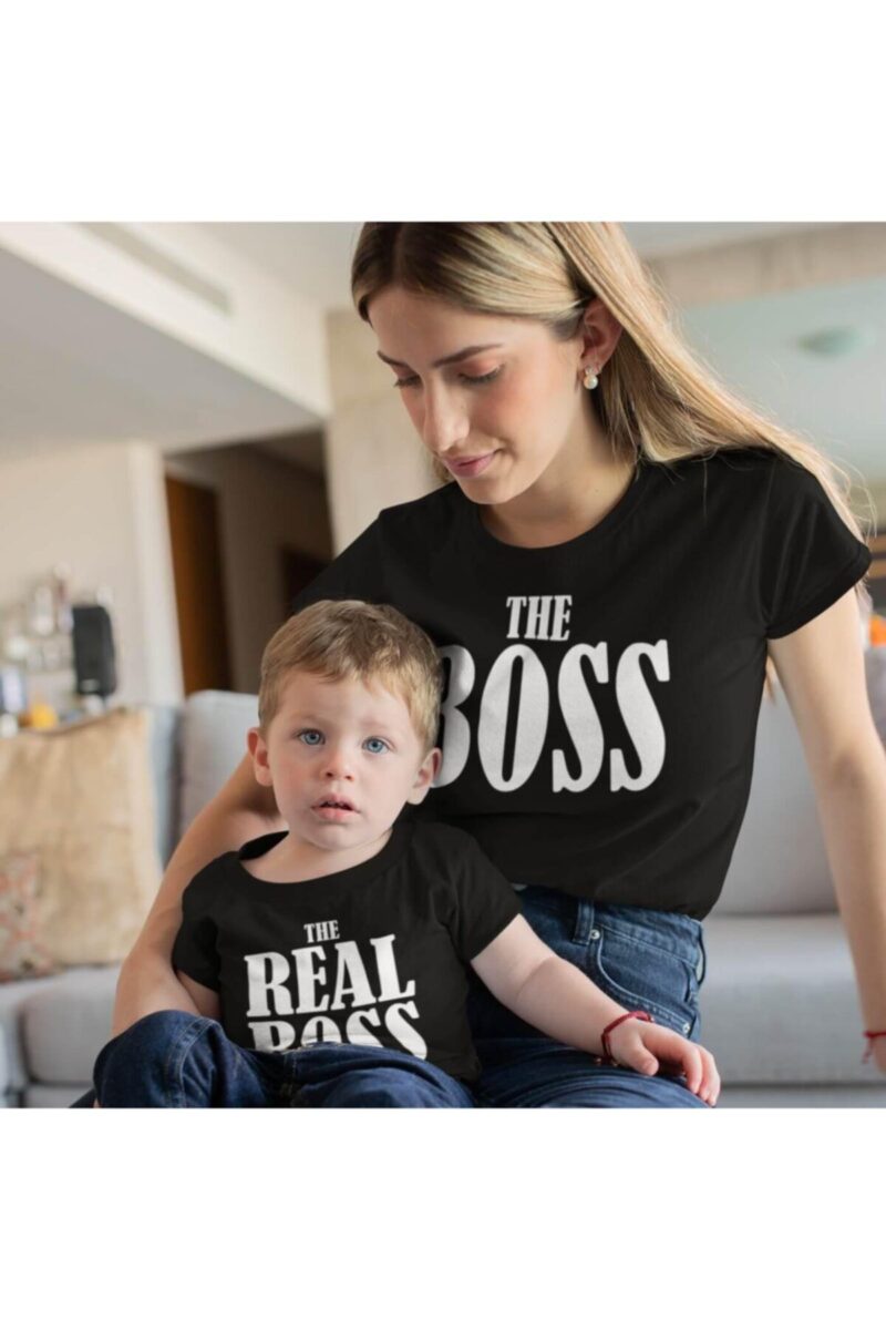 Anne Oğul Tişörtü The Boss Baskılı Siyah Tişört (Kombin Yapılabilir Fiyat Tek Tişört İçin)