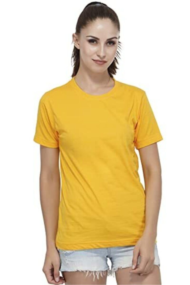 Bayan Bisiklet Yaka Sarı Tişört Pamuklu Kadın Tshirt
