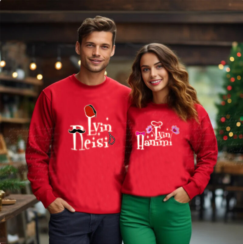 Evin Hanımı Evin Reisi Tamamlanan Sweatshirt Sevgili Kombini Düz Lastiksiz Bel 2 adet 1 Ona 1 Sana!