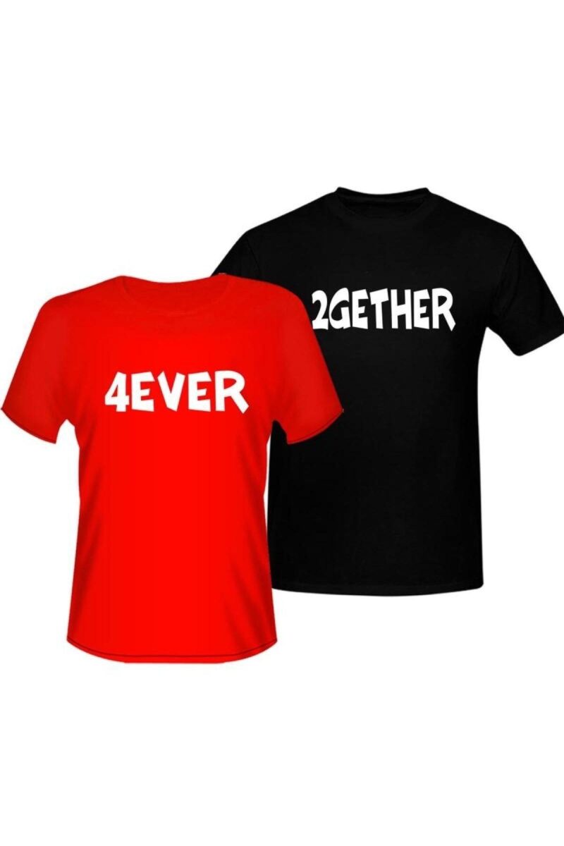 Forever Together Baskılı 2li Siyah Kırmızı Sevgili Tişörtleri 2 Adet Tshirt Sevgili Kombini