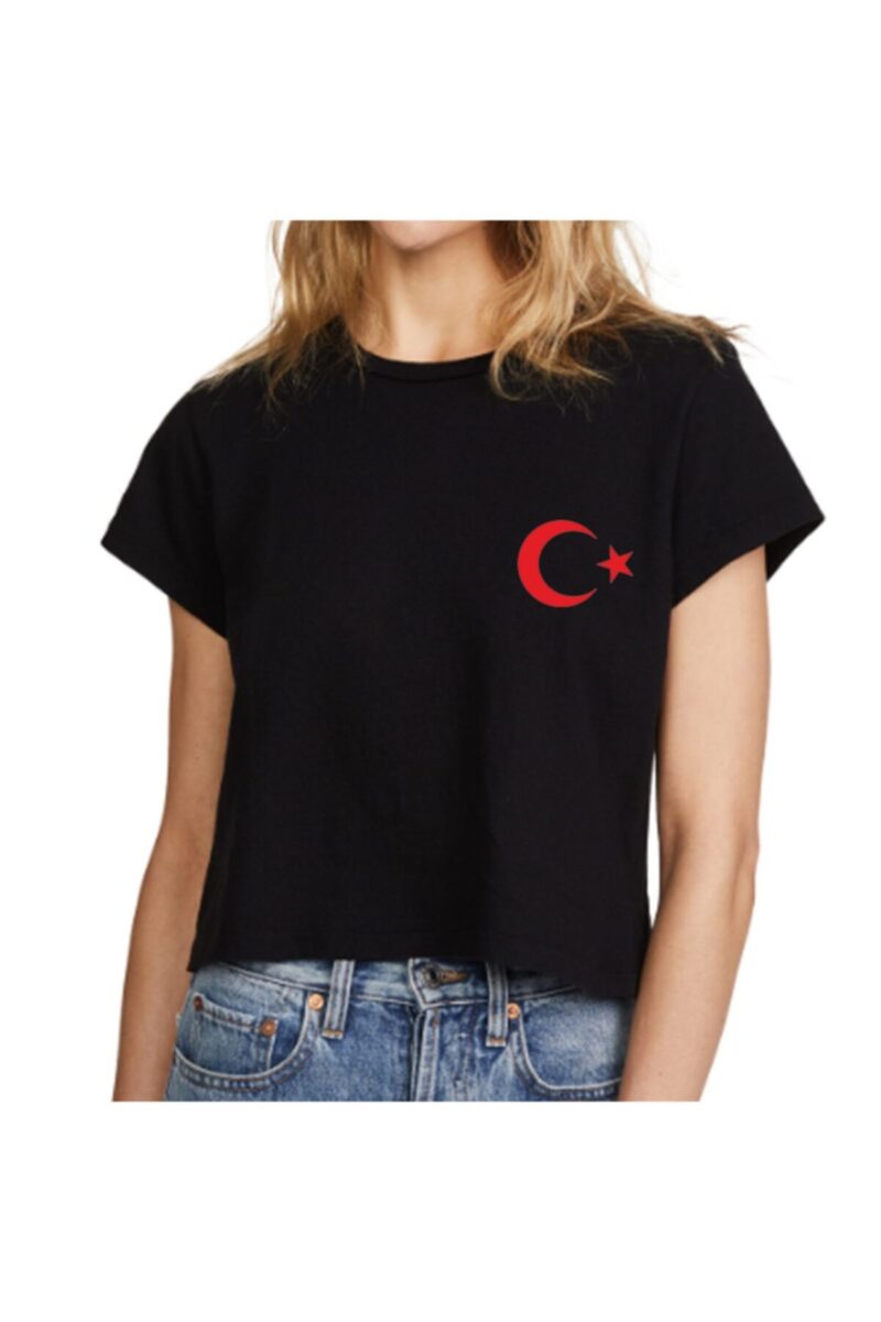 Ay Yıldız Türk Bayrağı Tasarım Siyah Kadın Tişört Pamuklu Tshirt