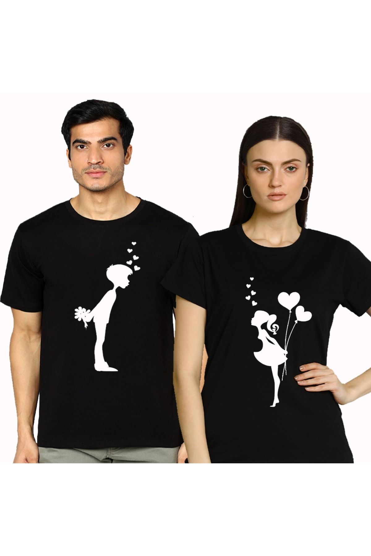 Sevgililere Özel Romantik Kalpler Baskılı 2li Siyah Sevgili Tişörtleri 2 Adet Tshirt Sevgili Kombini