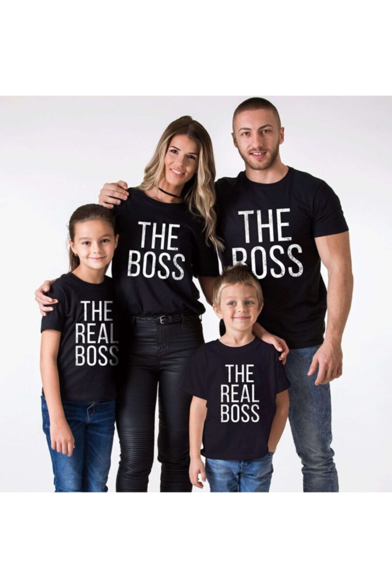 Anne Baba Erkek Kız Çocuk The Boss Baskılı Siyah T-Shirt Aile Kombini İçin Tişört - Görsel 3