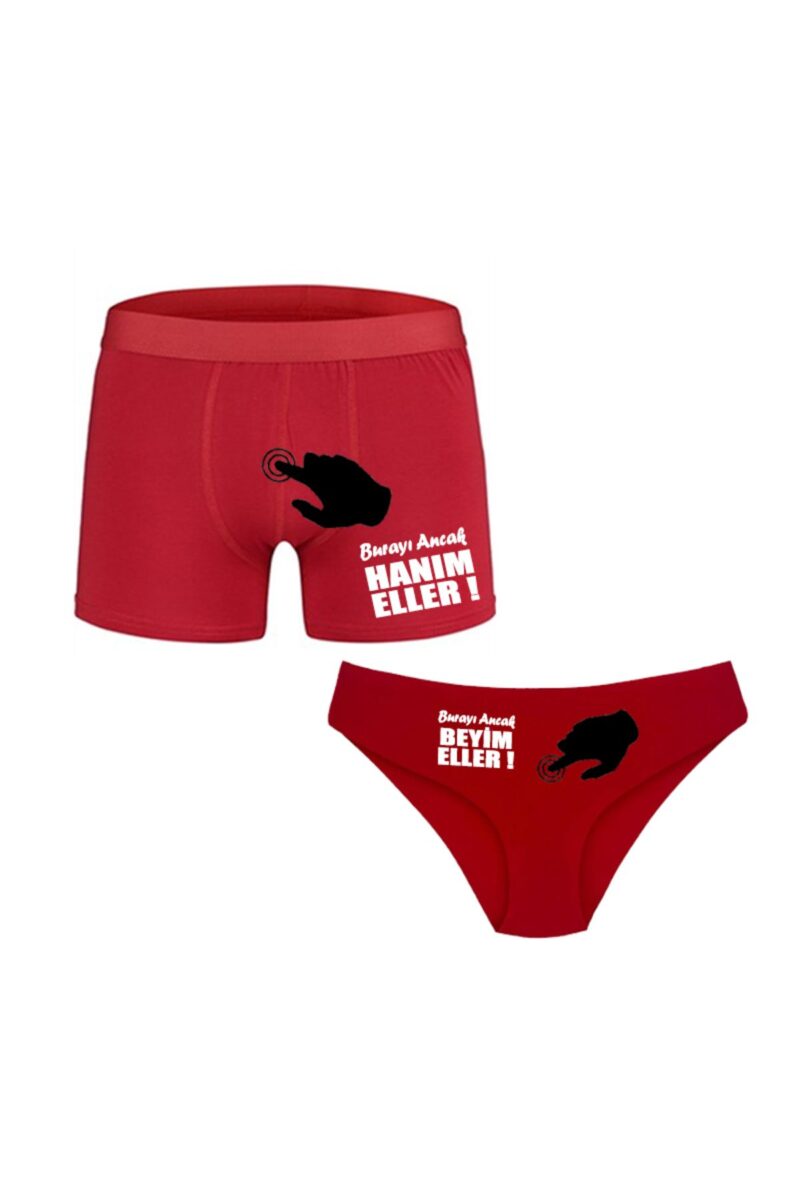 Hanım Eller Beyim ELler Baskılı Espirili Kırmızı Erkek Boxer ve Kadın Slip Külot Kombini 2li Set