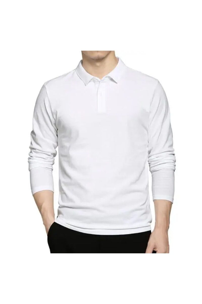 Lüx Penye Polo Yaka Tişört Beyaz Uzun Kol Kalite Pamuklu Yakalı Tshirt Pike Penye Kumaş