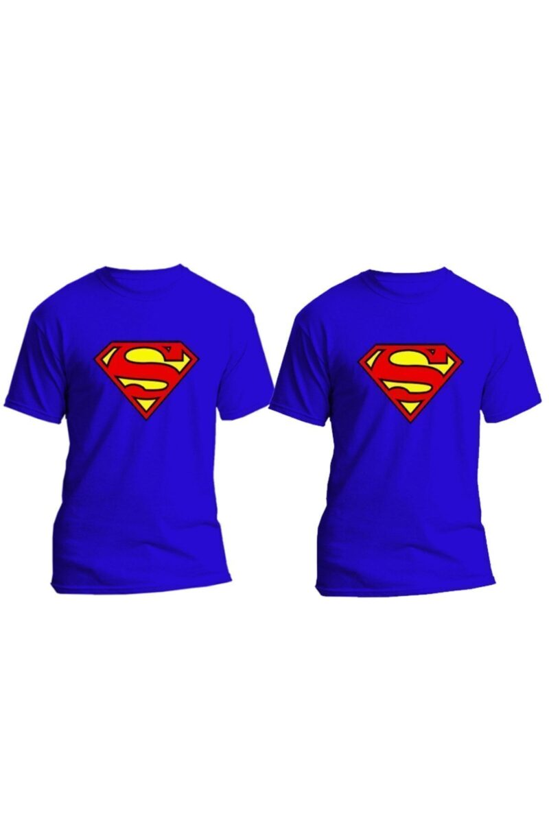 Sevgili Tişörtleri Supermen Logo Baskılı 2 Adet Sevgili Tişört Superman Tshirt Sax Mavi