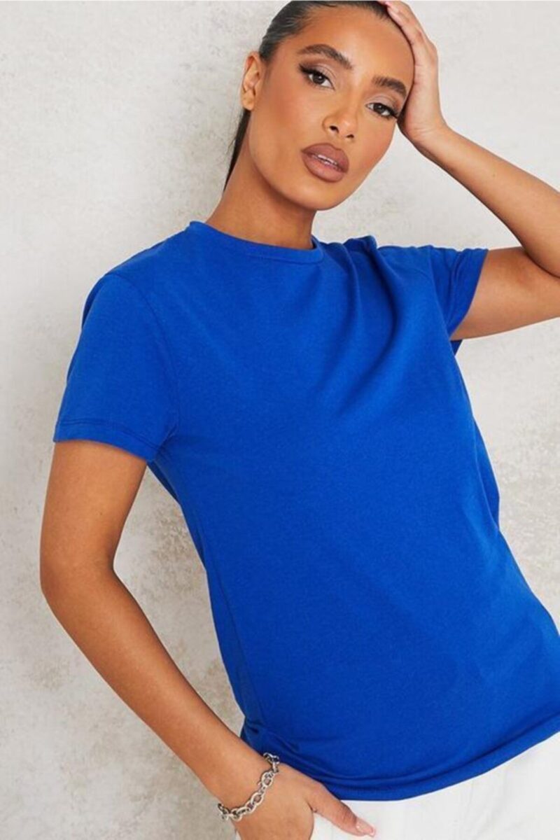 Bayan Bisiklet Yaka Mavi Tişört Pamuklu Kadın Tshirt Sax Mavisi