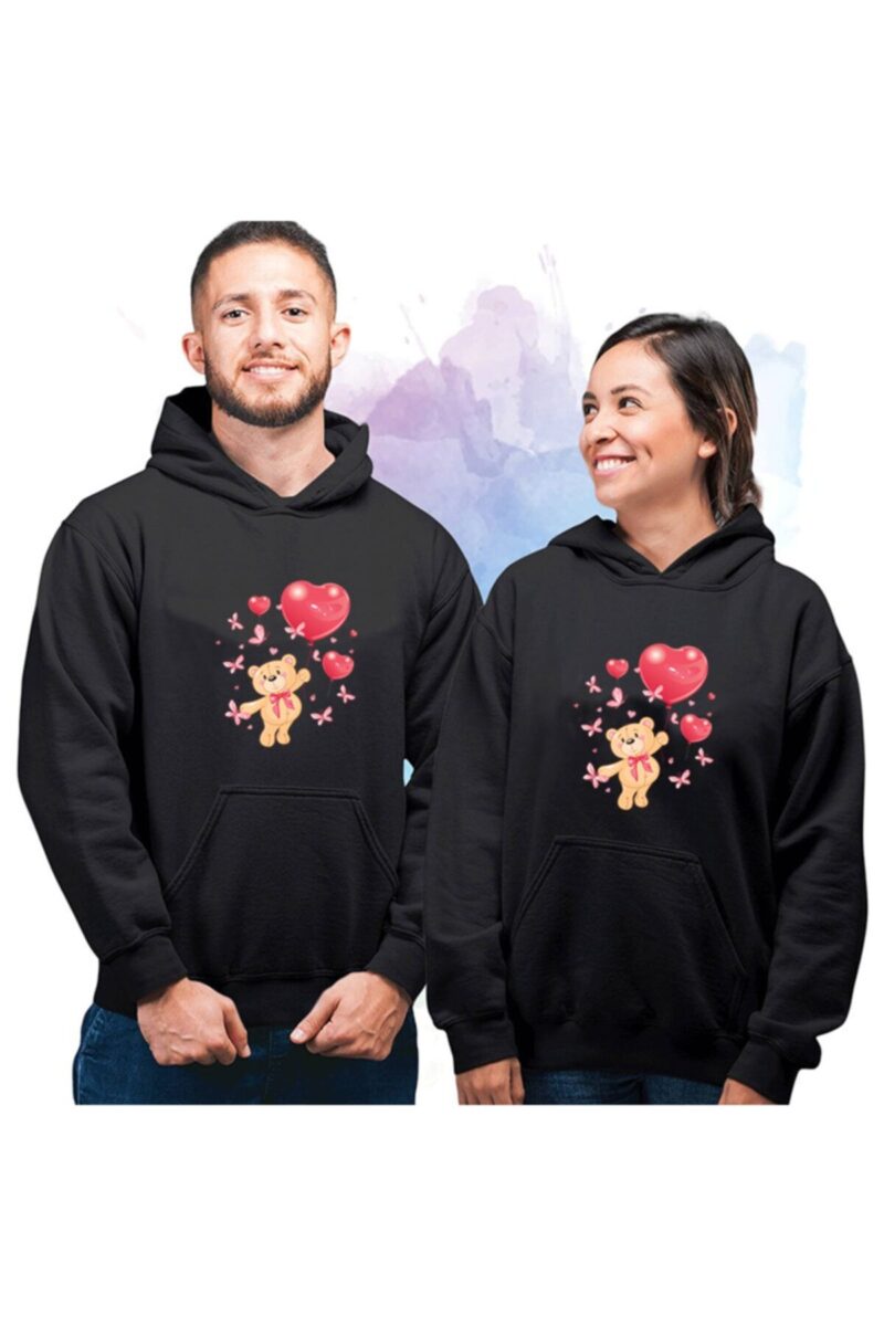 Sevgililer Gününe Özel Ayıcıklı 2 Adet Hoodie 2 Iplik Kapüşonlu Sevgili Kombini Sevgili Sweatshirt
