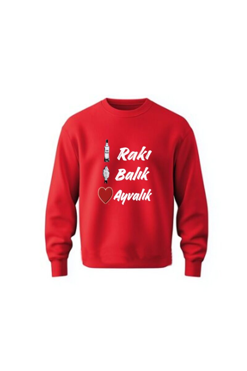 Rakı Balık Ayvalık Baskılı İçi Şardonlu Sweatshirt Kırmızı Düz Lastiksiz Bel Kombin Yapılabilir