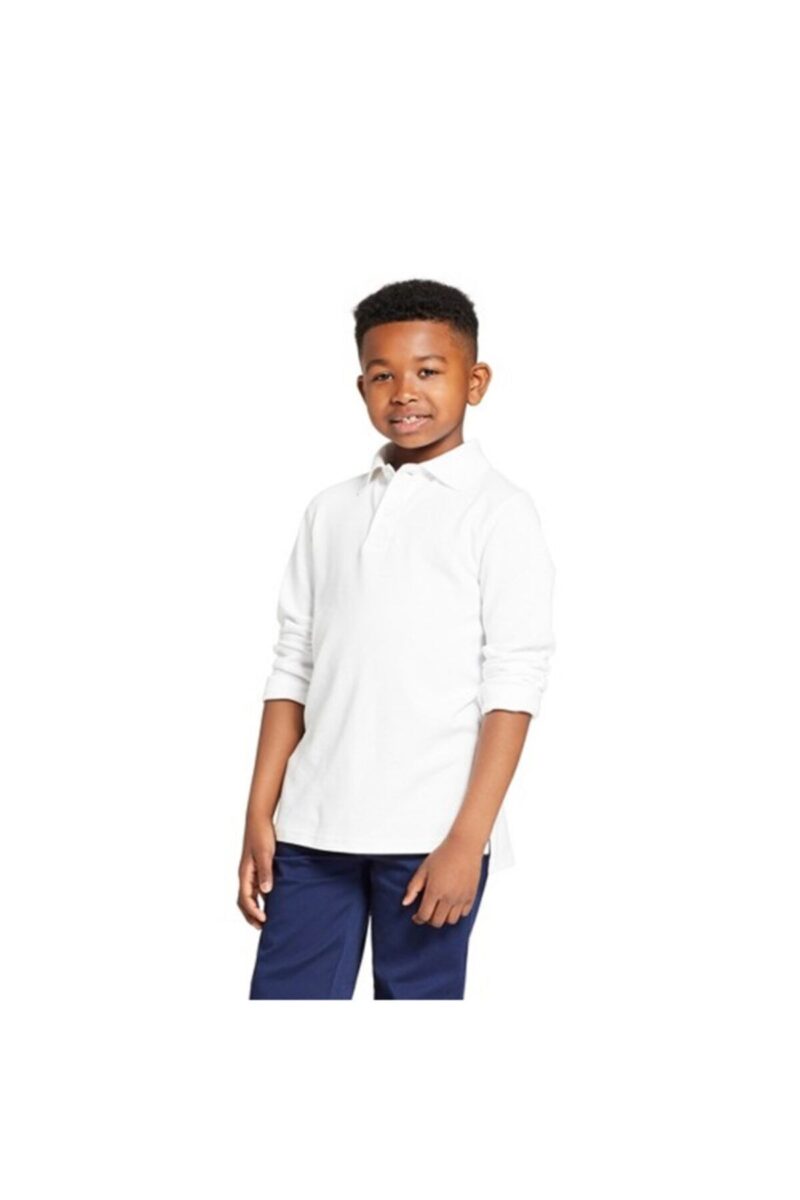 Çocuk Polo Yaka Uzun Kollu Beyaz Tişört Pamuklu Polo Yakalı Çocuk Tshirt