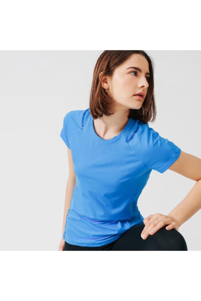 Bayan Bisiklet Yaka Tişört Pamuklu Kadın Tshirt Gök Mavisi