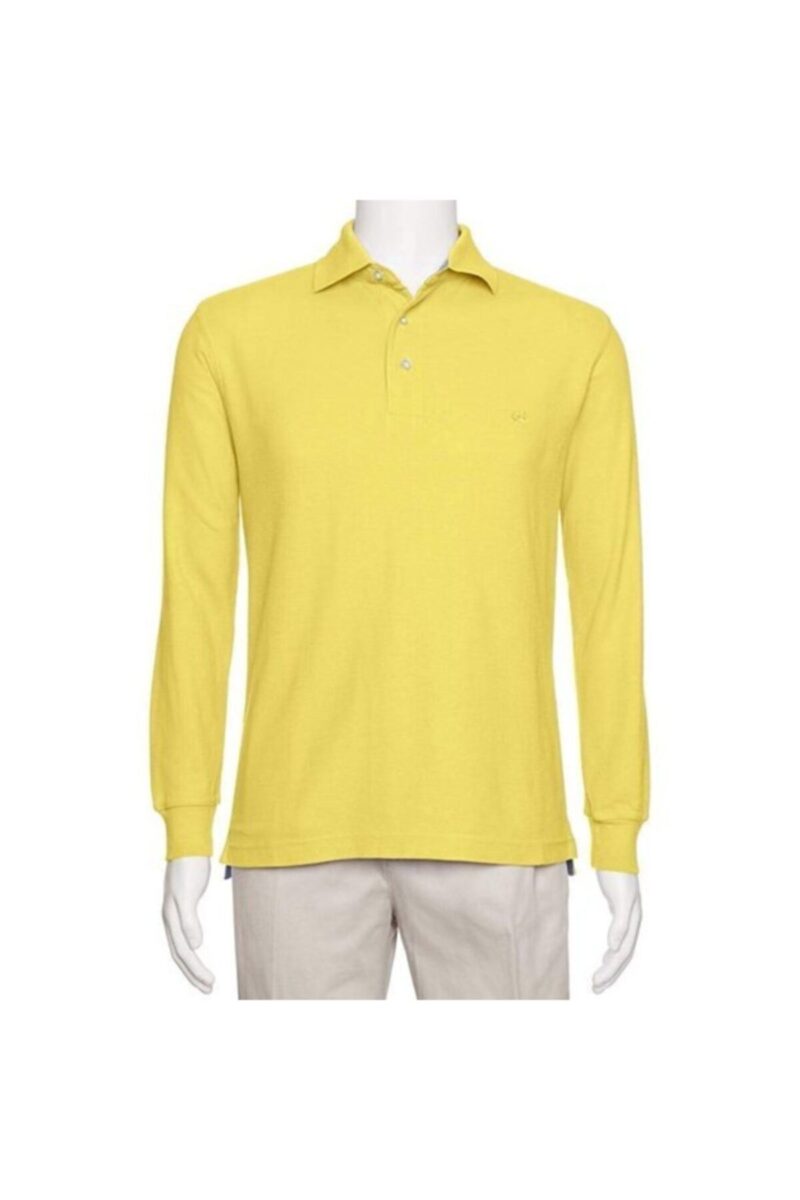 Polo Yaka Uzun Kollu Sarı Renk Tişört Pamuklu Uzun Kol Polo Yakalı Tshirt