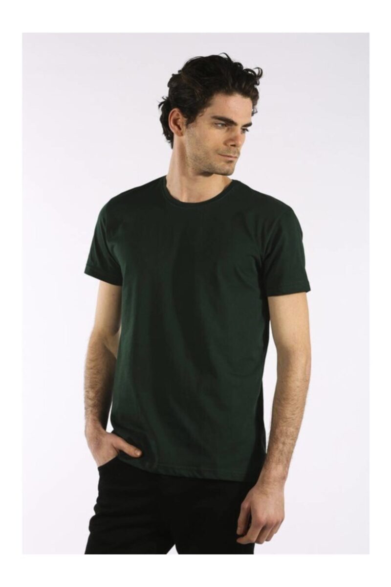 Erkek Bisiklet Yaka Nefti Yeşil Tişört Pamuklu Askeri Yeşil Tshirt