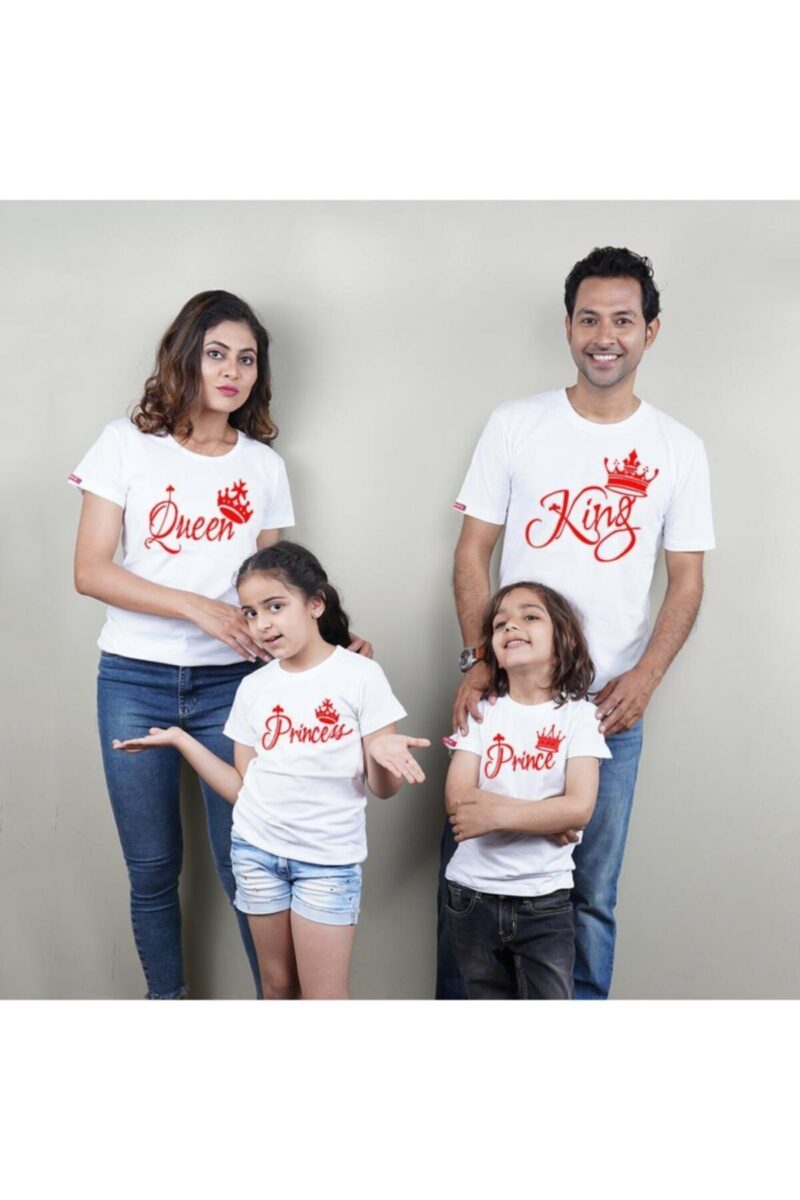 Pamuklu Aile Kombini 4lü Aile Tişört Seti King Queen Prince Princess Kırmızı Baskılı Tshirtler