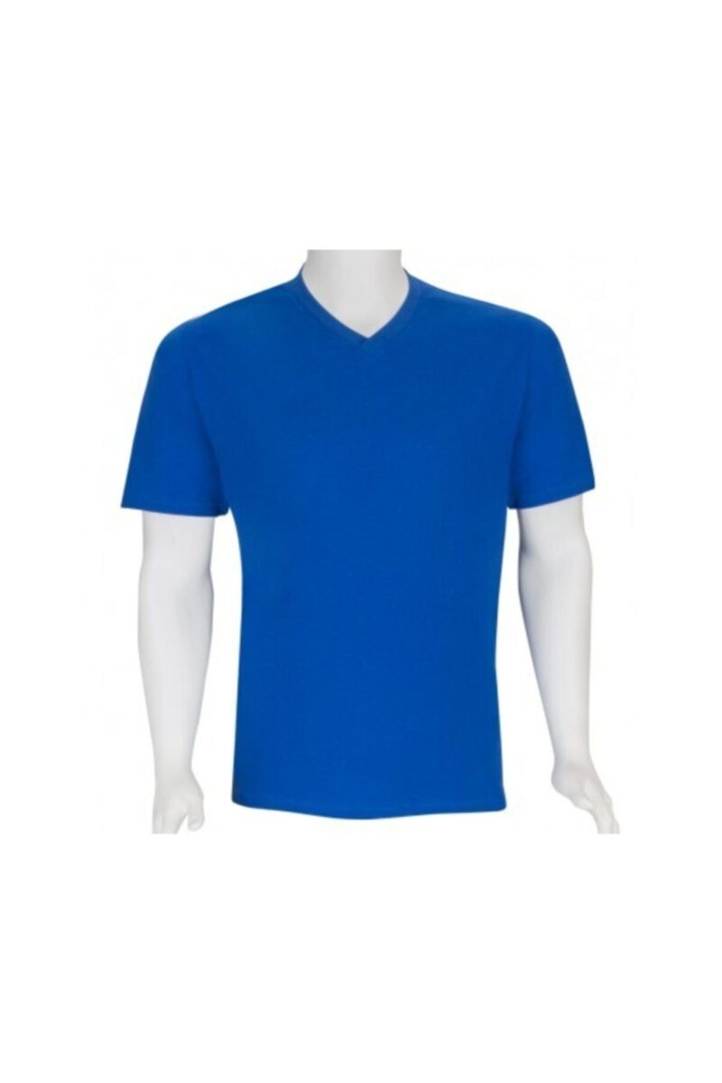 Bayan V Yaka Tişört Pamuklu Kadın Tshirt Sax Mavisi
