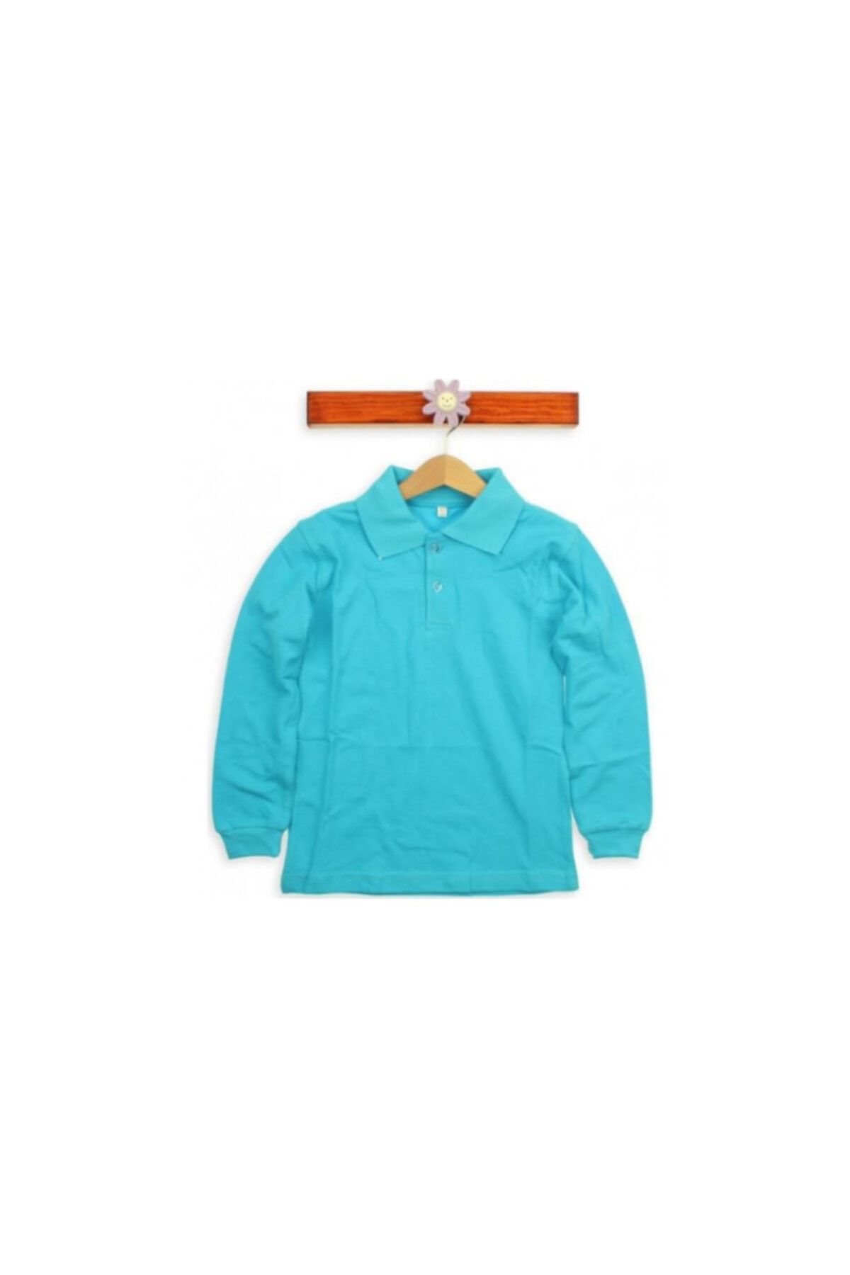 Çocuk Polo Yaka Uzun Kollu Turkuaz Mavi Tişört Pamuklu Polo Yakalı Çocuk Tshirt