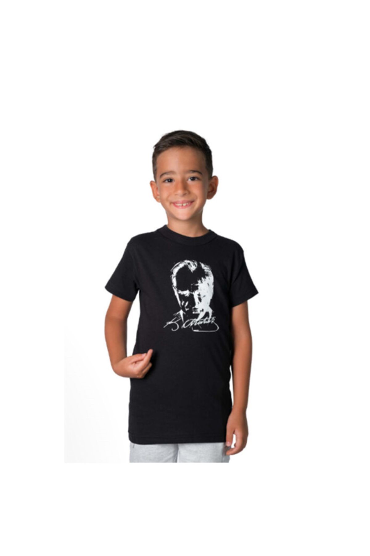 Atatürk Baskılı Çocuk Veya Yetişkin Tişört Bisiklet Yaka Pamuklu T shirt Siyah 10 Kasım Tişörtü